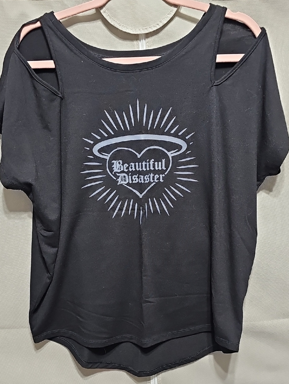 Beautiful Disaster Women's Black Cutout Shoulder Tee with Graphic Heart